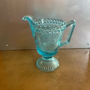 Blue Glass, Etched Flower, Footed, Creamer Pitcher